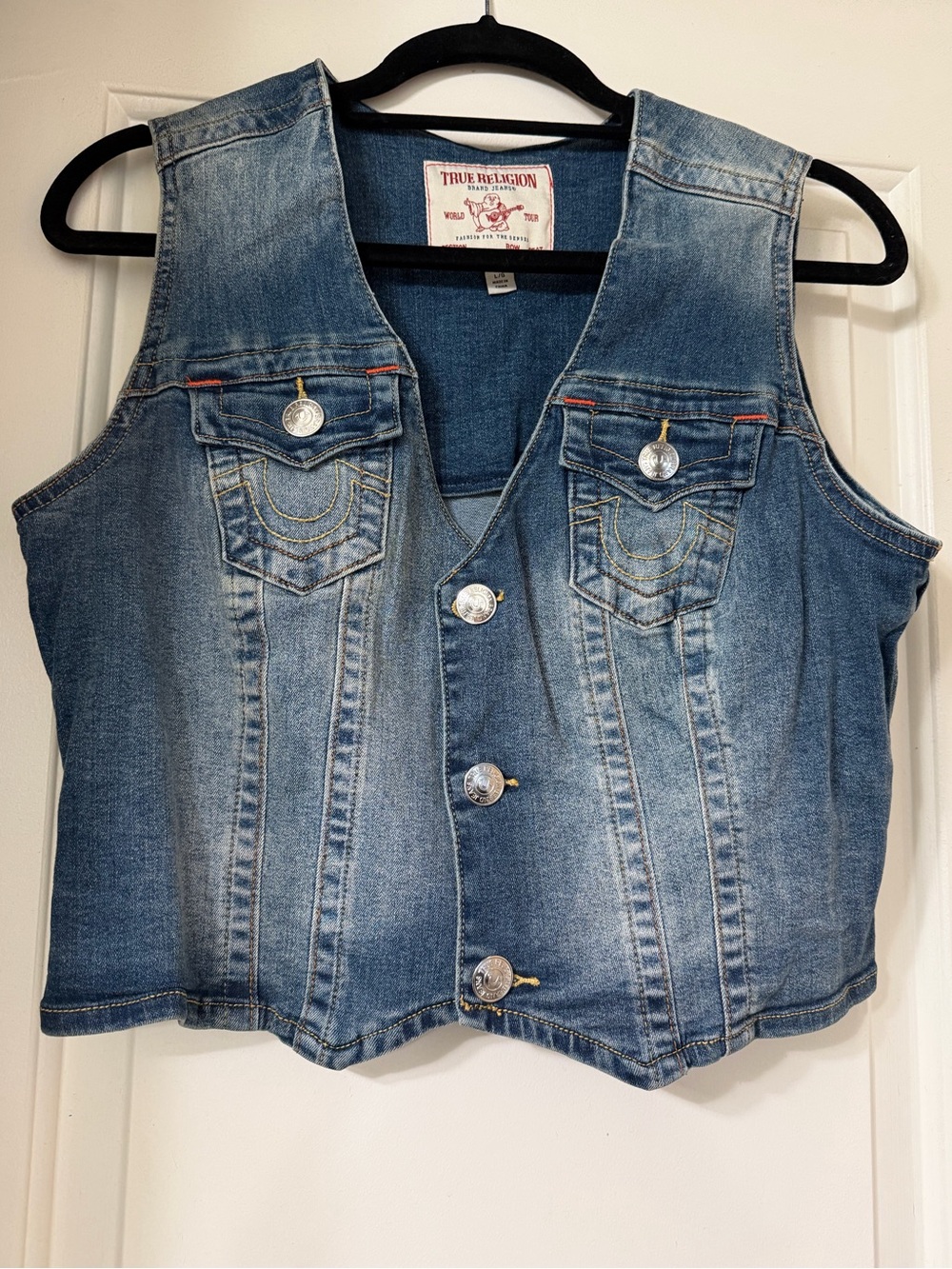 True Religion Denim Jacket in Medium Blue with Red Label